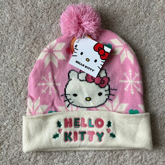 Hello Kitty pink snowflake Christmas winter beanie with pompom Sanrio kawaii - Picture 1 of 5